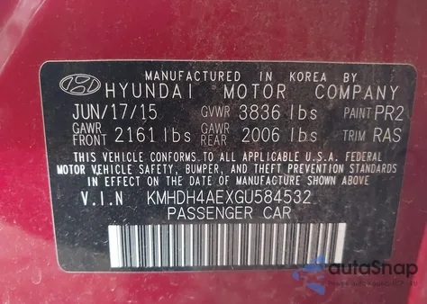 2016 Hyundai Elantra Se из США, поврежденный, VIN KMHDH4AEXGU584532